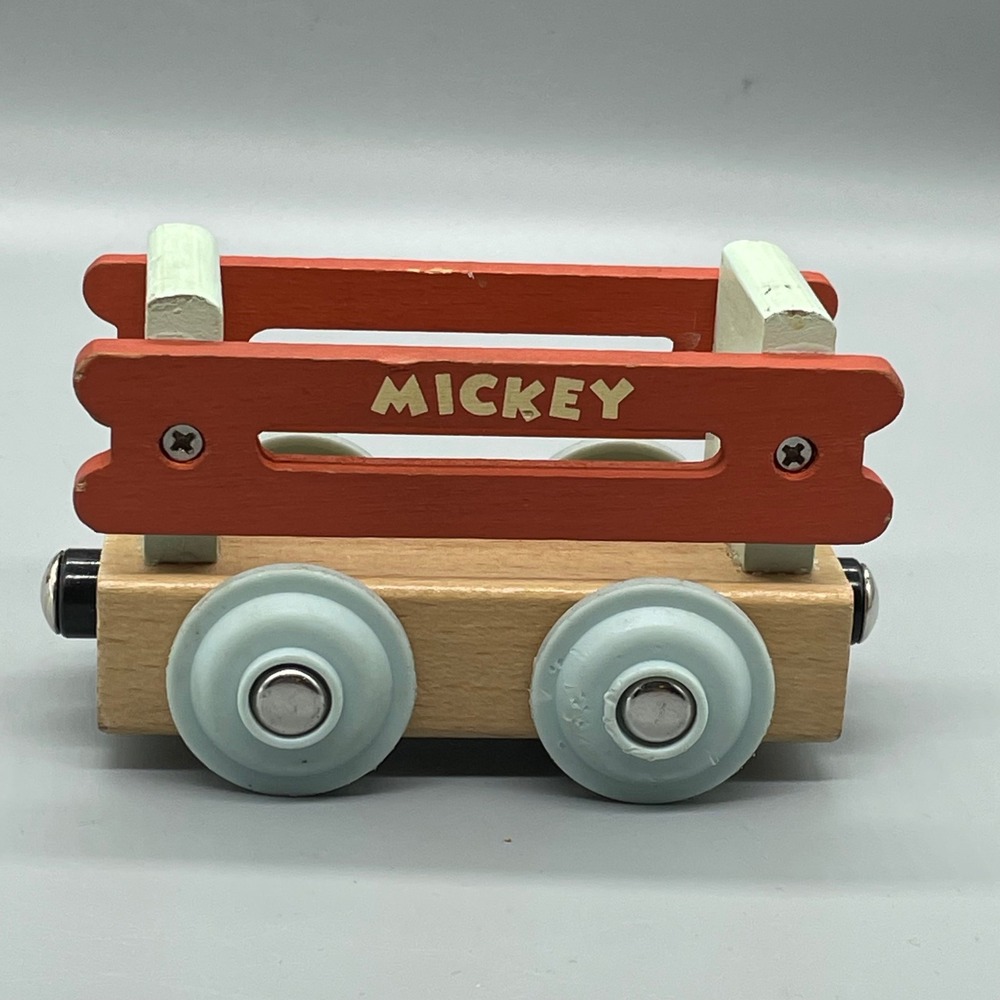 Disney Mickey Mouse Wooden‎ Train Car Cargo Wagon Red Blue Magnetic Toy